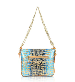 Teal Blue Gold Leather Designer Handbag Crossbody Messenger